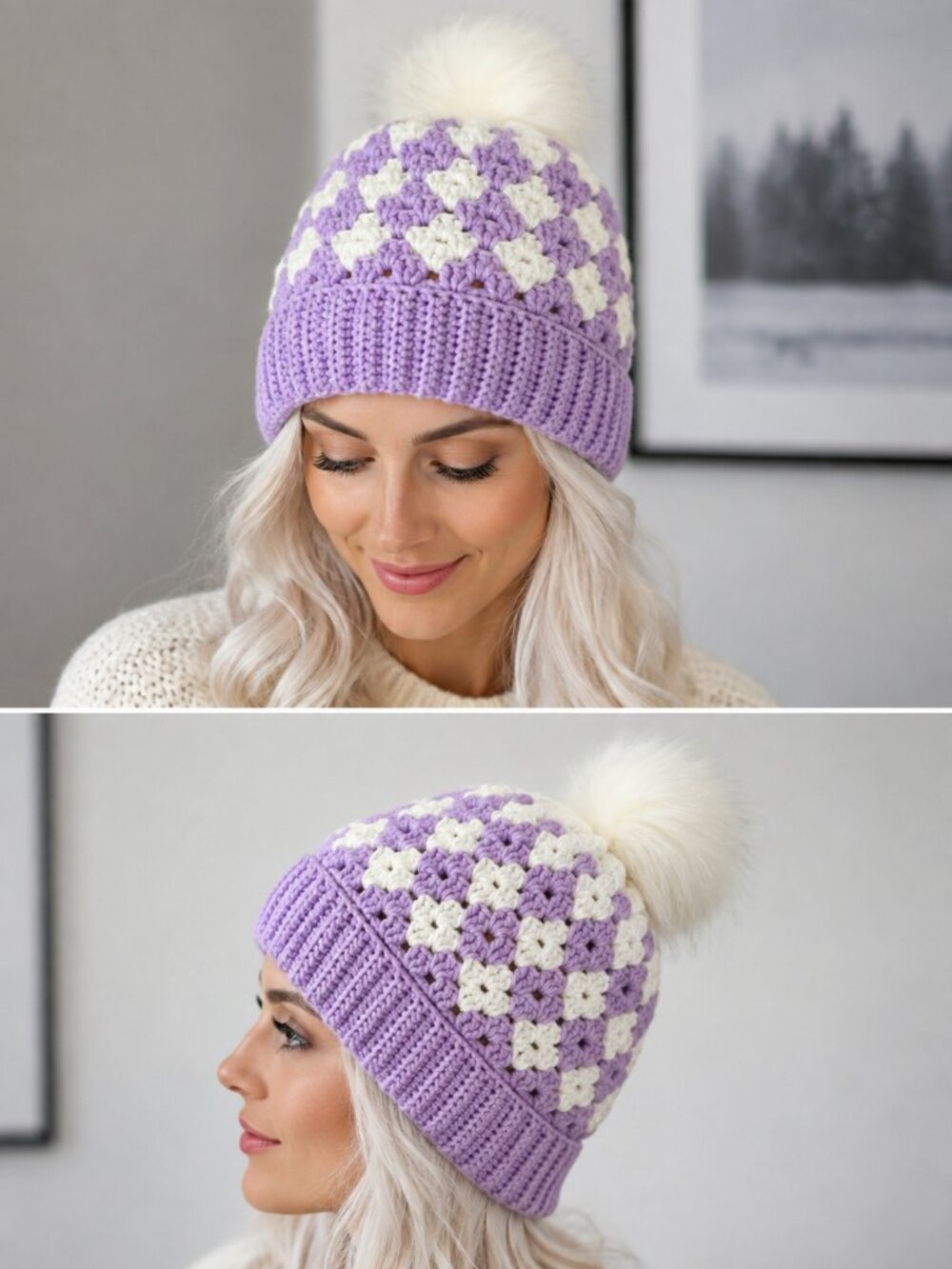 Handmade Crochet Hat for Girls 10–14 Lilac & White Winter Beanie with Pom Pom